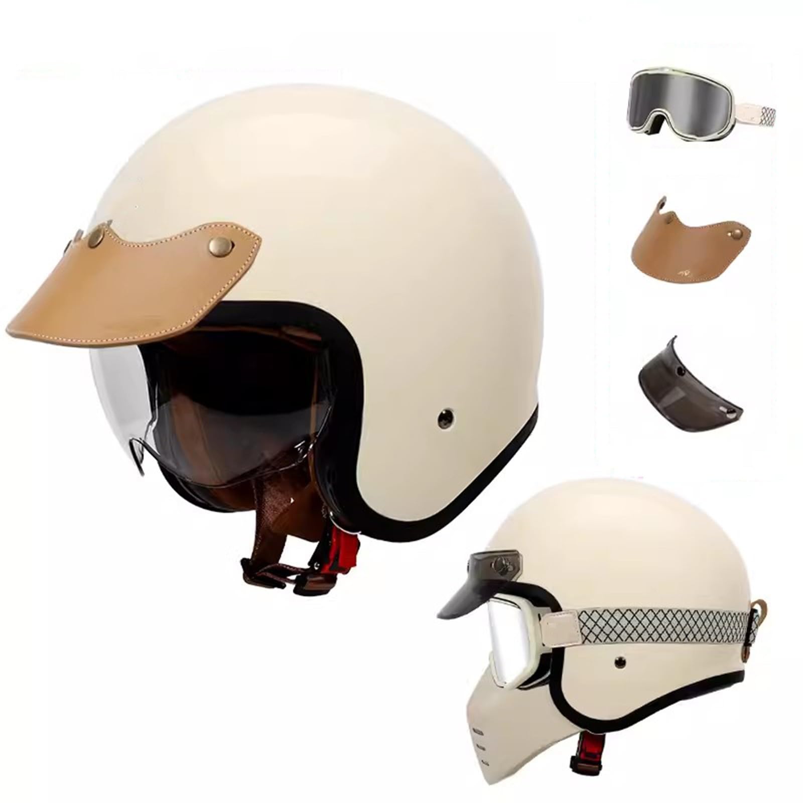 QJWMatic Offener Motorradhelm für Vespa, Erwachsene, Damen, Herren, 3/4-Retro-Klassiker, Mopedhelm, ECE-geprüft, Halbhelm, Vintage-Scooter-Helme mit Visier H,XL59-60CM von QJWMatic