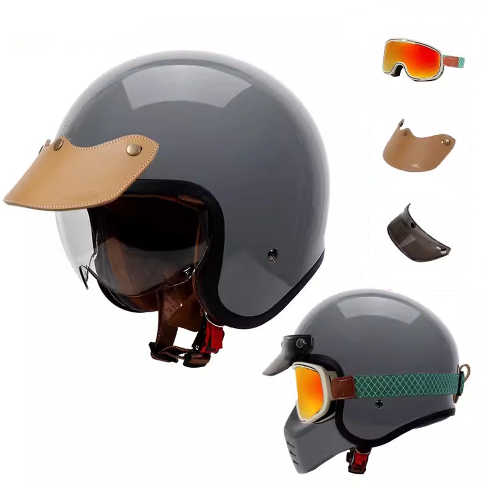 QJWMatic Offener Motorradhelm für Vespa, Erwachsene, Damen, Herren, 3/4-Retro-Klassiker, Mopedhelm, ECE-geprüft, Halbhelm, Vintage-Scooter-Helme mit Visier I,4XL64-65CM von QJWMatic