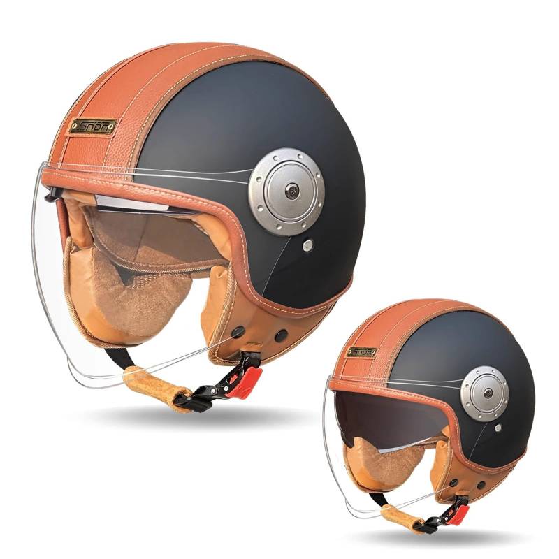 QJWMatic Retro-Motorrad-Jethelm mit offenem Gesicht und Sonnenblende, Jethelm für Herren und Damen, ECE-geprüfter Straßen-Scooter-Mopedhelm E,54-62CM von QJWMatic