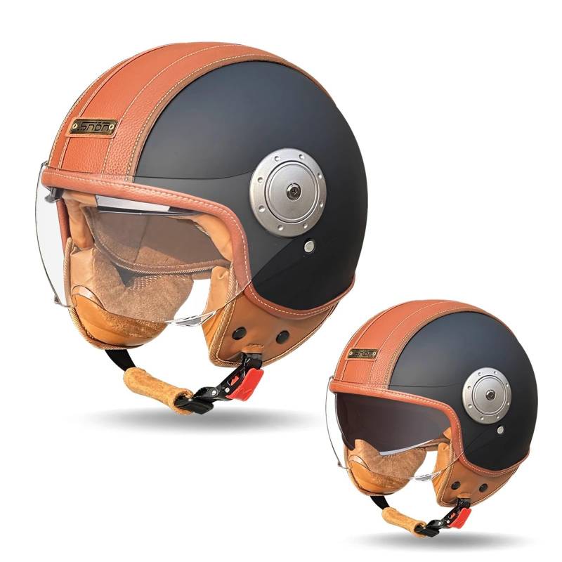 QJWMatic Retro-Motorrad-Jethelm mit offenem Gesicht und Sonnenblende, Jethelm für Herren und Damen, ECE-geprüfter Straßen-Scooter-Mopedhelm F,54-62CM von QJWMatic