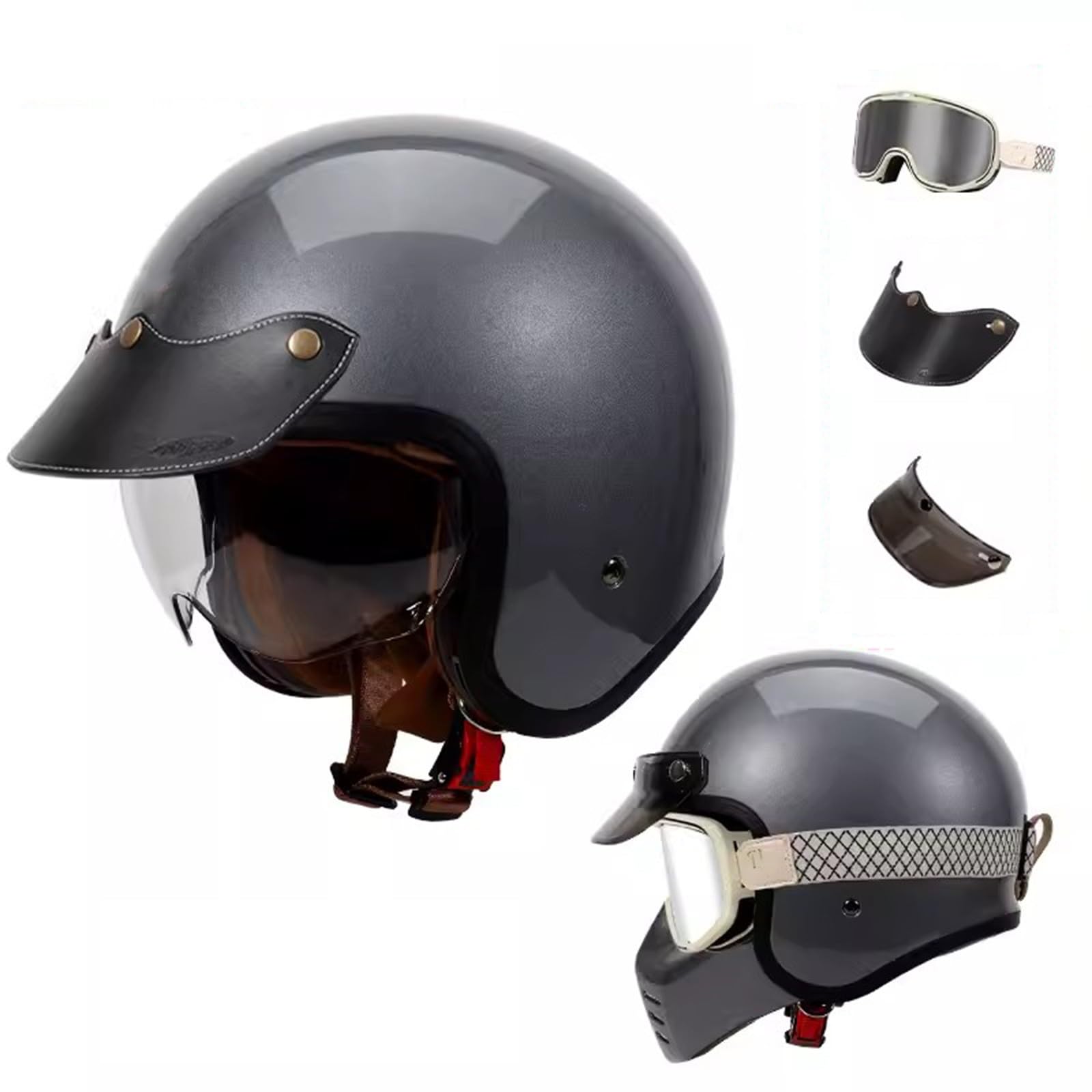 QJWMatic Vintage-Motorradhelm mit offenem Gesicht und Abnehmbarer Maske, Herren und Damen, ECE-geprüfter Halbhelm, Four Seasons Street Jet Moped Scooter Helme B,3XL63-64CM von QJWMatic