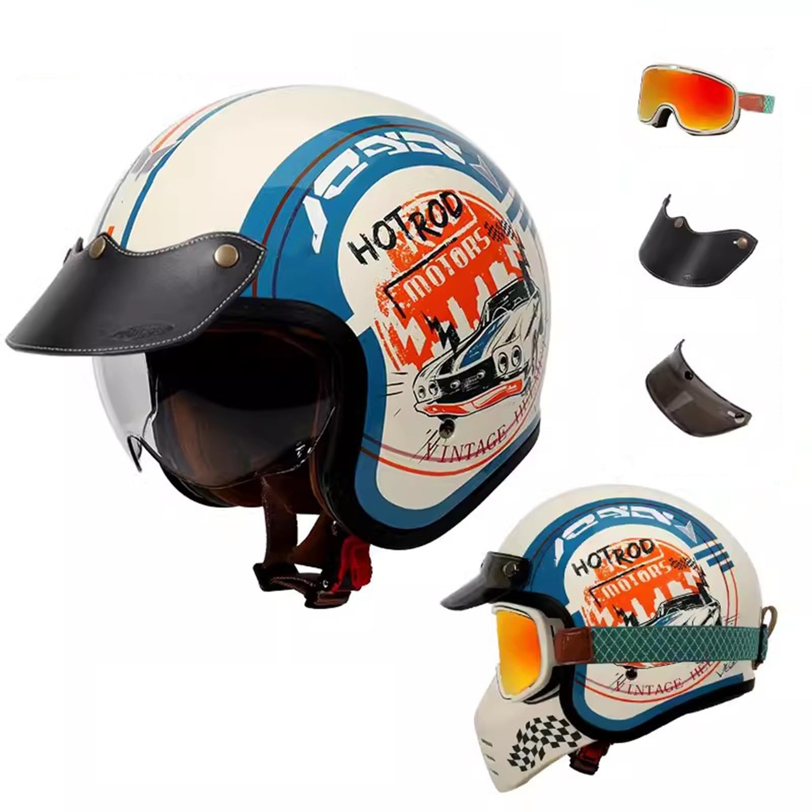 QJWMatic Vintage-Motorradhelm mit offenem Gesicht und Abnehmbarer Maske, Herren und Damen, ECE-geprüfter Halbhelm, Four Seasons Street Jet Moped Scooter Helme C,M55-56CM von QJWMatic