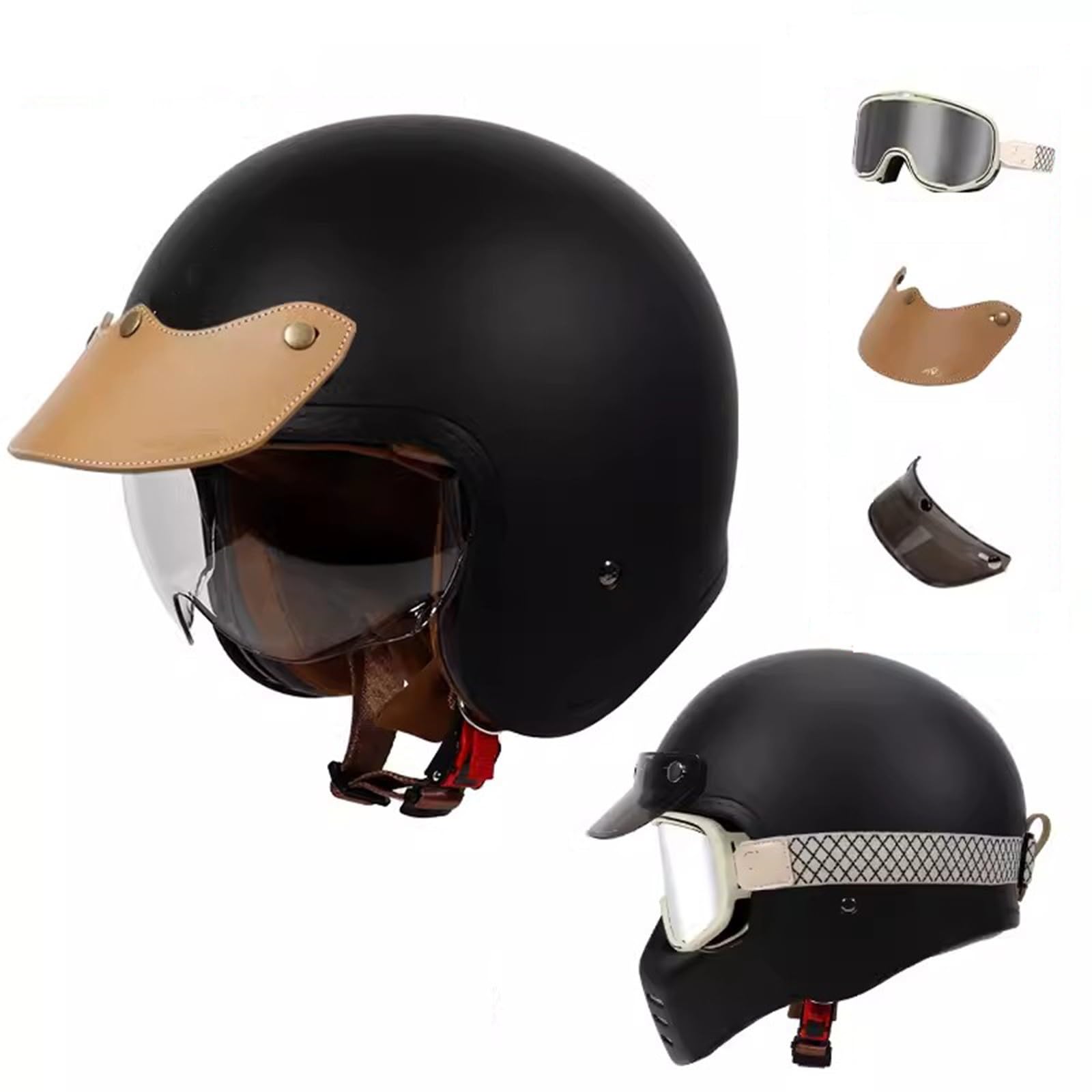 QJWMatic Vintage-Motorradhelm mit offenem Gesicht und Abnehmbarer Maske, Herren und Damen, ECE-geprüfter Halbhelm, Four Seasons Street Jet Moped Scooter Helme D,3XL63-64CM von QJWMatic