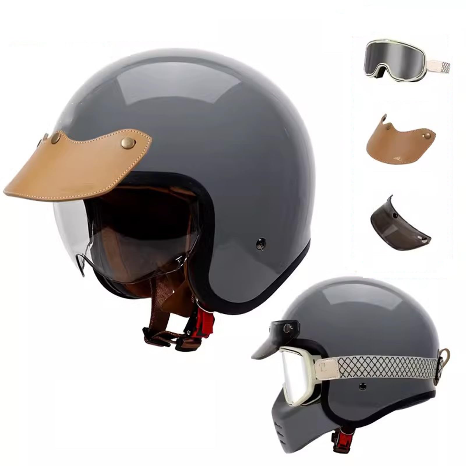 QJWMatic Vintage-Motorradhelm mit offenem Gesicht und Abnehmbarer Maske, Herren und Damen, ECE-geprüfter Halbhelm, Four Seasons Street Jet Moped Scooter Helme E,3XL63-64CM von QJWMatic