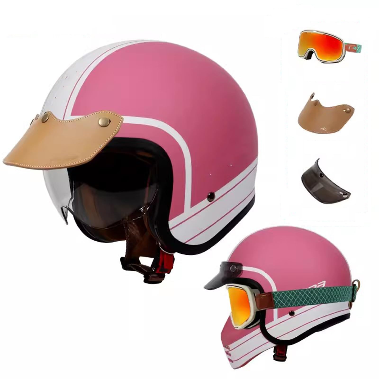 QJWMatic Vintage-Motorradhelm mit offenem Gesicht und Abnehmbarer Maske, Herren und Damen, ECE-geprüfter Halbhelm, Four Seasons Street Jet Moped Scooter Helme F,4XL64-65CM von QJWMatic