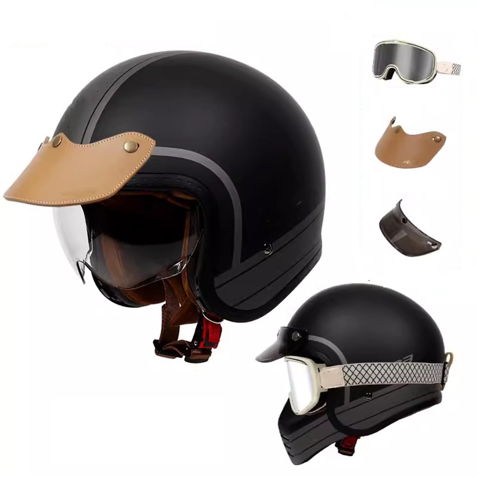 QJWMatic Vintage-Motorradhelm mit offenem Gesicht und Abnehmbarer Maske, Herren und Damen, ECE-geprüfter Halbhelm, Four Seasons Street Jet Moped Scooter Helme G,XXL61-62CM von QJWMatic