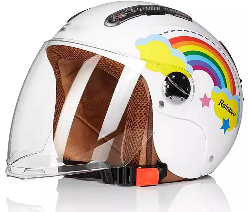 Kinderhelm Kinder Motorradhelm Roller Helm jethelm mit Sonnenblende Unisex Mofa Helm für 3+ Jahre Kid I,52-56CM von QKBMFK