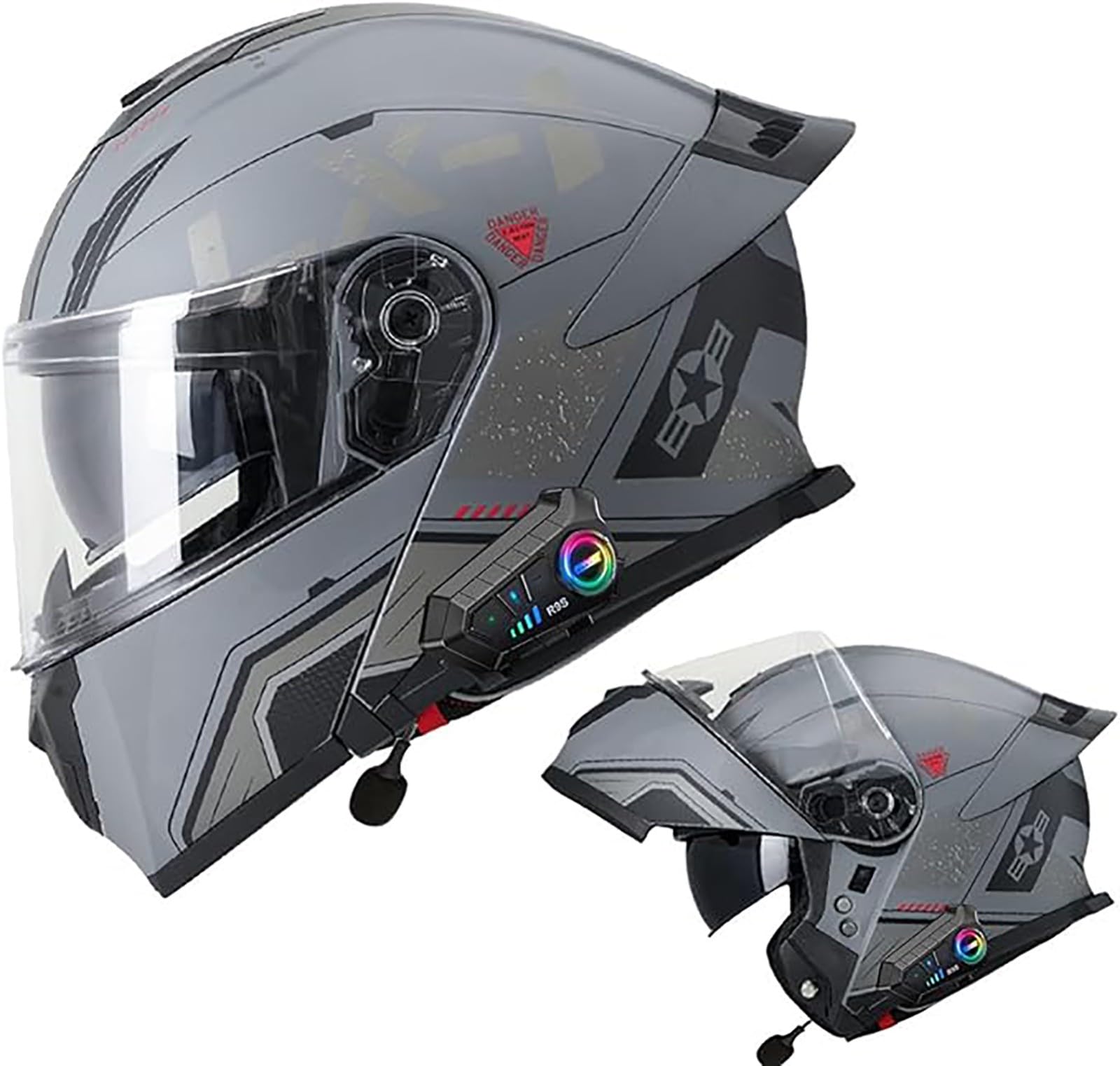 Bluetooth Motorradhelm, Vollvisierhelm DOT/ECE Genehmigt, Leicht, Klapphelm Mit Doppelvisier, Modularer Helm Für Erwachsene Männer Frauen B,M/{53~55cm} von QKDWQZ