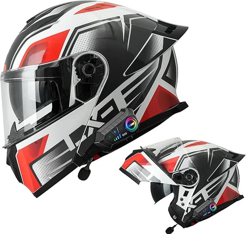 Bluetooth Motorradhelm, Vollvisierhelm DOT/ECE Genehmigt, Leicht, Klapphelm Mit Doppelvisier, Modularer Helm Für Erwachsene Männer Frauen D,M/{53~55cm} von QKDWQZ