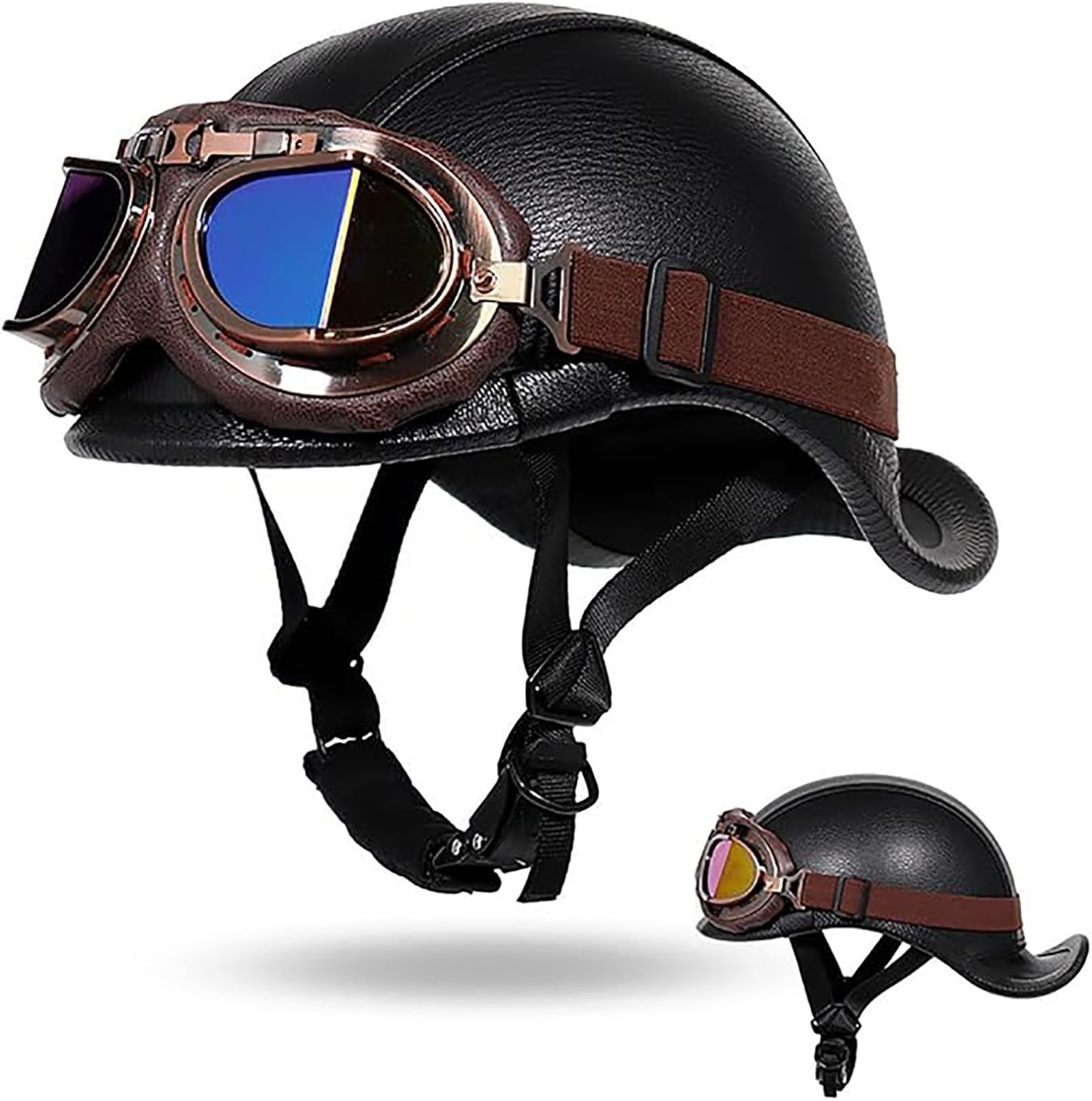 Deutsche Leder Motorrad Halbhelme Retro Halbschalenhelm Jethelm Mit Schnellverschluss Schnalle Für Bike Cruiser Chopper Moped Scooter Offenem Helm ECE-Zulassung A,L/{59~60cm} von QKDWQZ