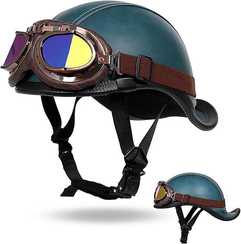 Deutsche Leder Motorrad Halbhelme Retro Halbschalenhelm Jethelm Mit Schnellverschluss Schnalle Für Bike Cruiser Chopper Moped Scooter Offenem Helm ECE-Zulassung B,L/{59~60cm} von QKDWQZ