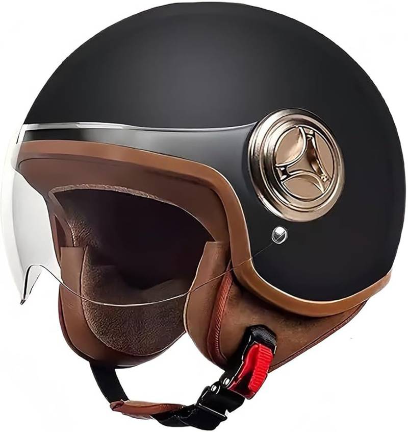 Retro-Motorrad-Halbhelm, ECE-Zertifizierung 3/4 Offen, Mit Visier, Für Erwachsene, Herren Und Damen, Leichter, Atmungsaktiver Rollerhelm Mit Schnellschnalle A,55~62CM von QKDWQZ