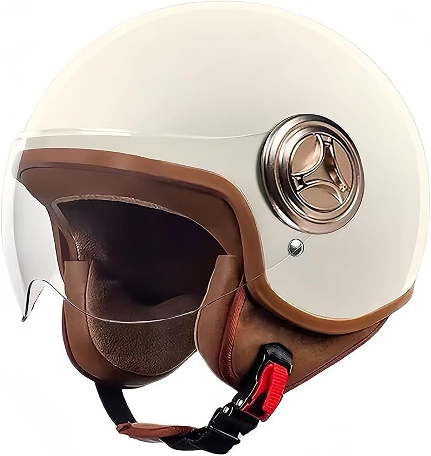 Retro-Motorrad-Halbhelm, ECE-Zertifizierung 3/4 Offen, Mit Visier, Für Erwachsene, Herren Und Damen, Leichter, Atmungsaktiver Rollerhelm Mit Schnellschnalle E,55~62CM von QKDWQZ