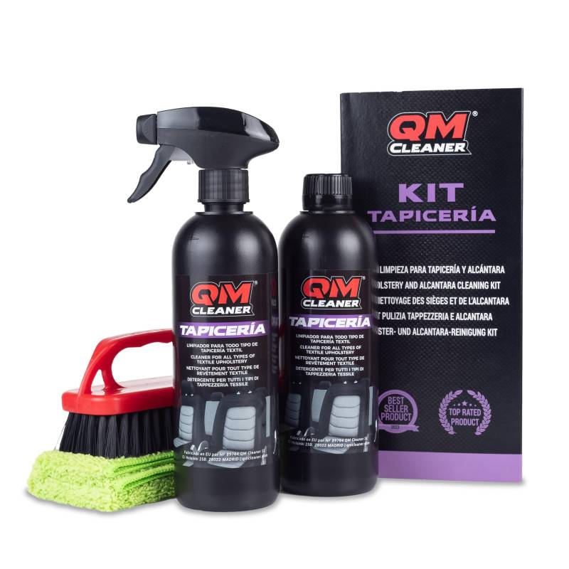 QM Cleaner professionelles Polsterreinigungsset für Autositze | Für Teppiche, Polster, Teppichböden, Sitzgurte, uvm. | Inhalt: 2 Flaschen, 1 Mikrofasertuch und 1 Premium Bürste von QM Cleaner