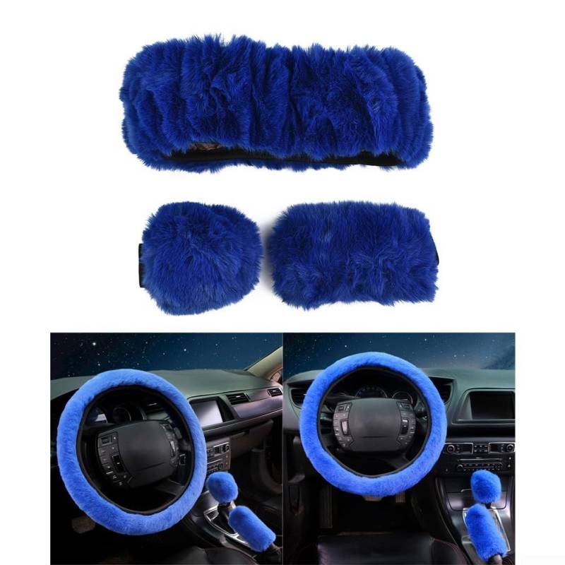 Bequemer und atmungsaktiver Fuzzy-Lenkradbezug für Damen, 3-teiliges Set (blau) von QOXEZY