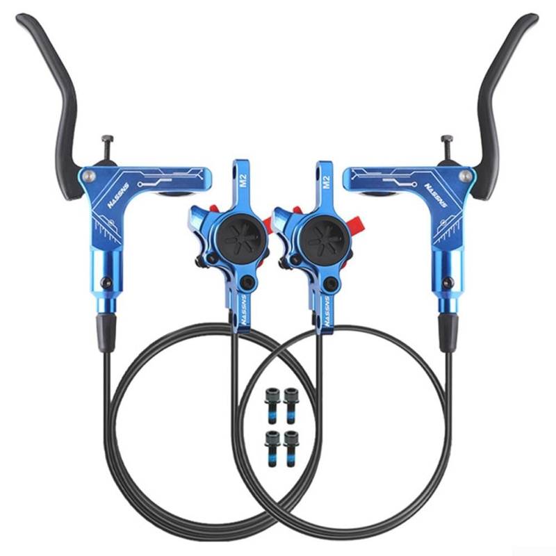 Robustes Mountainbike-Bremssystem, effektive hydraulische Scheiben mit ausgewogenem Zwei-Kolben-Setup (blau) von QOXEZY