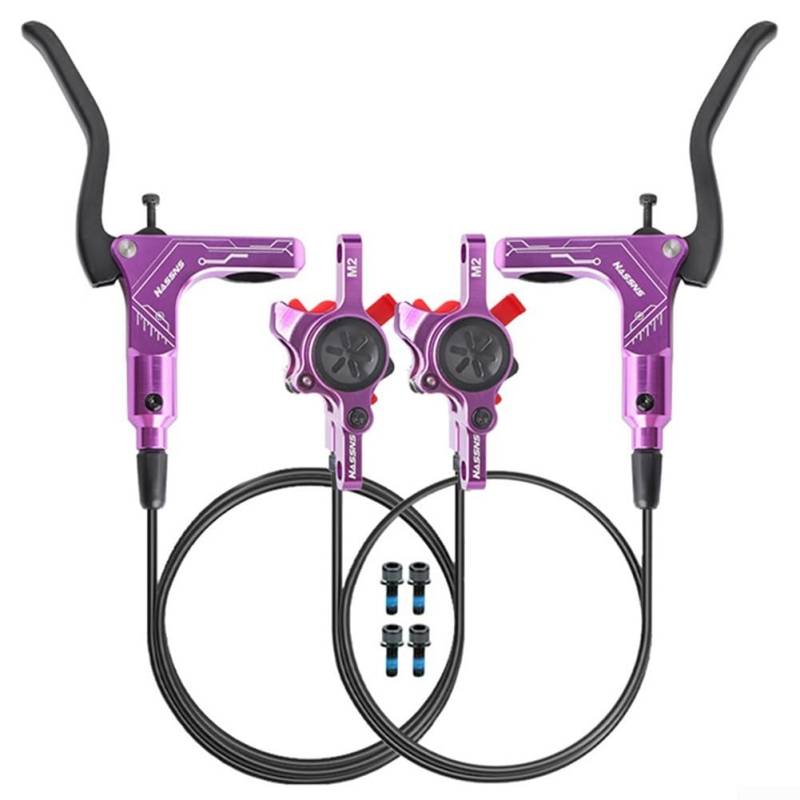 Robustes Mountainbike-Bremssystem, effektive hydraulische Scheiben mit ausgewogenem Zwei-Kolben-Setup (lila) von QOXEZY