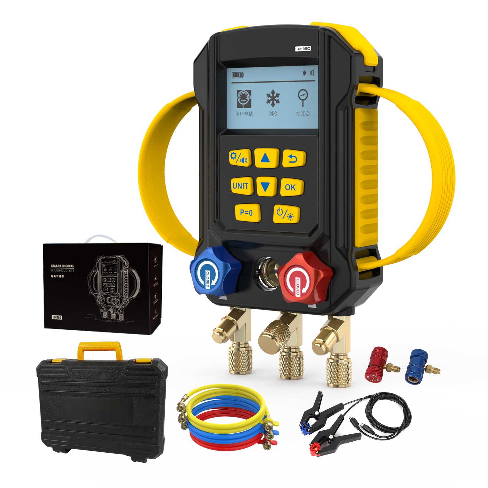 QPKING Verteilermanometer LM160 Intelligentes digitales Verteiler-Kit HVAC Digitales Verteilermanometer Evakuierung & Kältemittel & Saugmodus mit 3 Schläuchen 95 Standarddatenbanken Mehrsprachig von QPKING