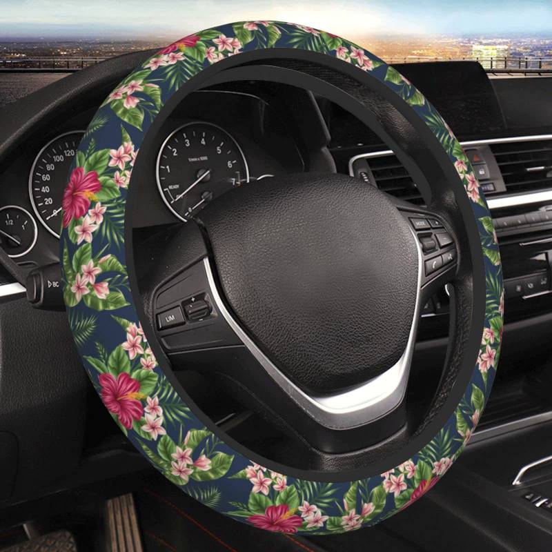 Lenkradhülle mit tropischem Blumenmuster mit Plumeria Hibiskus Blumen Hawaii-Stil Rot Grün Schwarz Neopren Automobil Lenkradbezug Griff Automobil Lenkrad Schutzhülle von QQIAEJIA