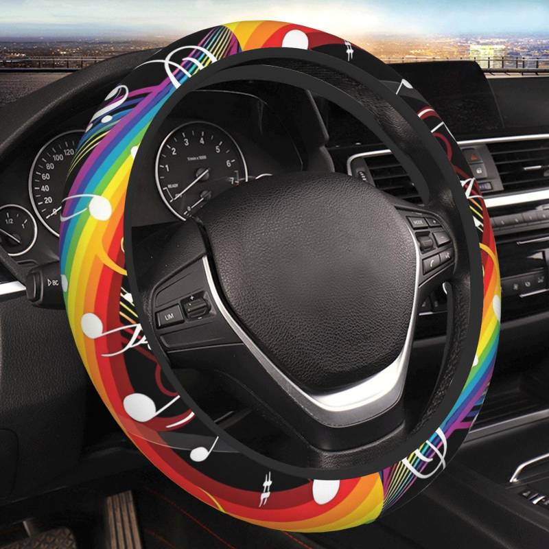 Auto-Lenkradbezug mit Regenbogen-Musiknote, elastisch, rutschfest, universal, 38,1 cm, dehnbar, Autozubehör für SUVs, Lieferwagen, Limousinen, LKWs, verschiedene Autos von QQLADY