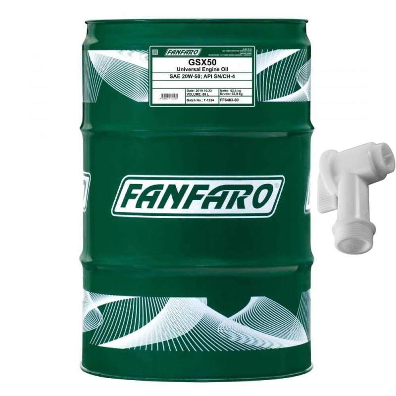 60 Liter Orignal FANFARO GSX 50 20W-50 API SL/CF Motoröl Engine Oil Öl inkl. Auslaufhahn SAE von Diederichs