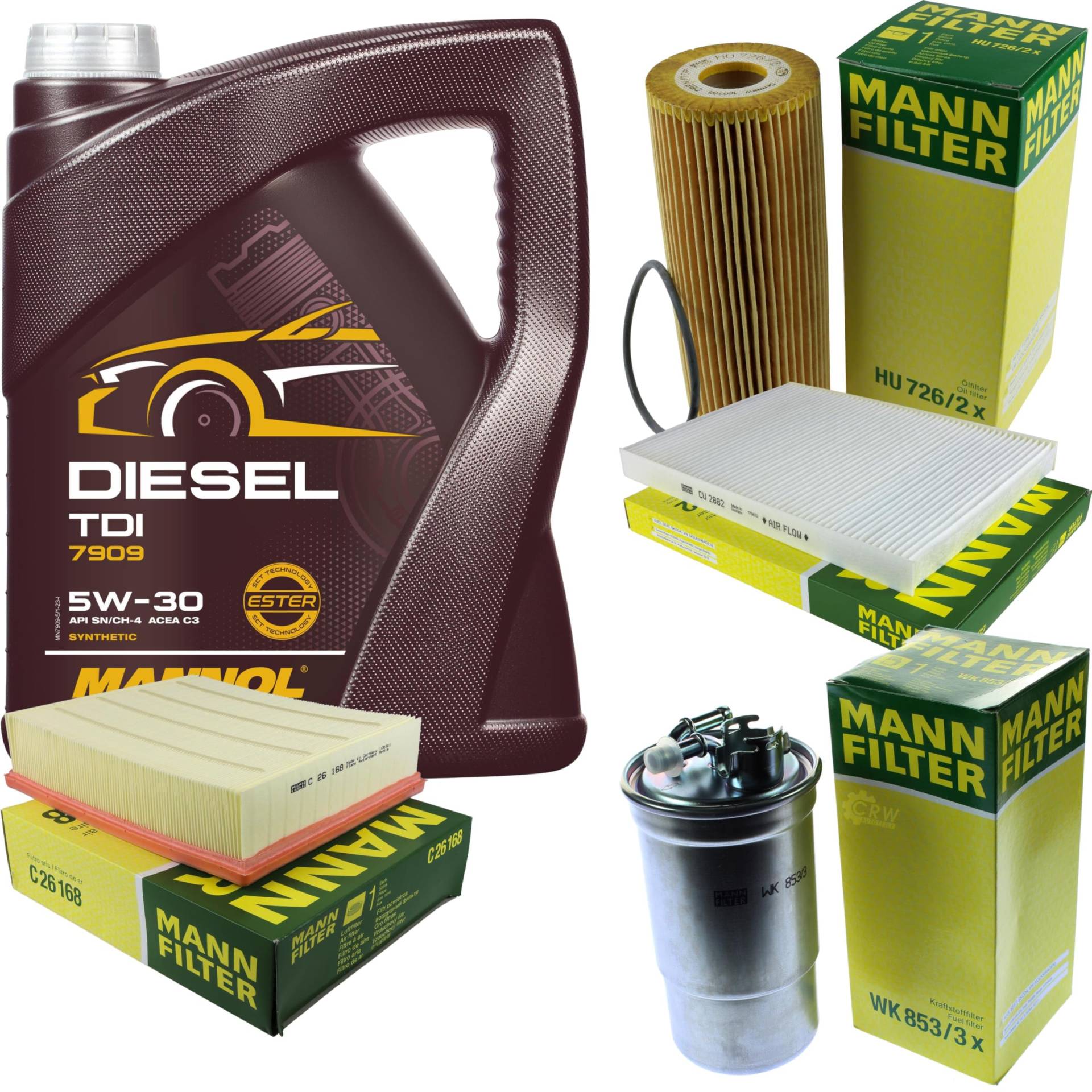 Filter Set Inspektionspaket 5 Liter MANNOL Motoröl Diesel TDI 5W-30 API SN/CF MANN-FILTER Luftfilter Innenraumfilter Ölfilter Kraftstofffilter von Diederichs