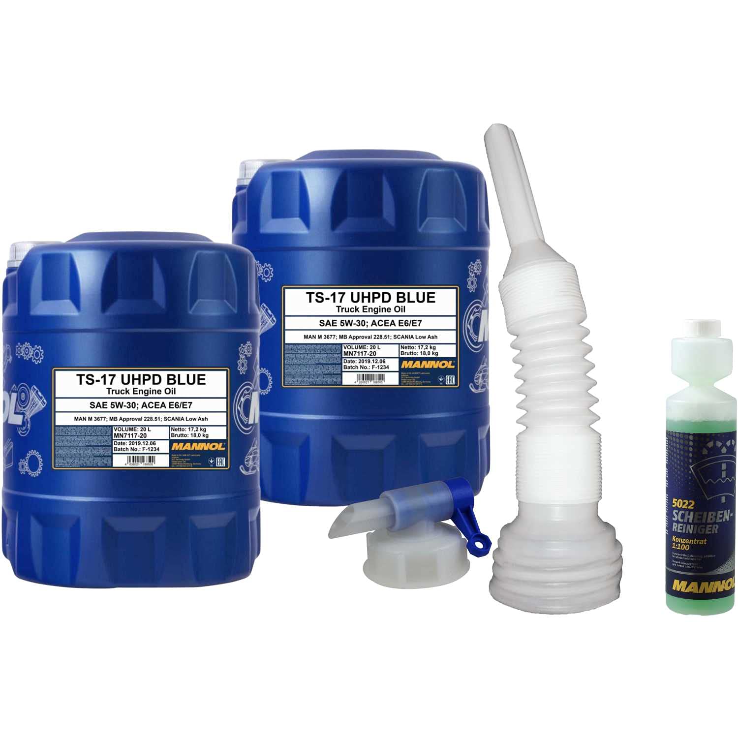 QR-Parts Set 40 Liter 85457482 5022 DIN61 CT4503 MN7117-20 MANNOL Scheibenreiniger Konzentrant 1:100 250ml 20L Motoröl TS-17 UHPD Blue 5W-30 Auslaufhahn von Diederichs