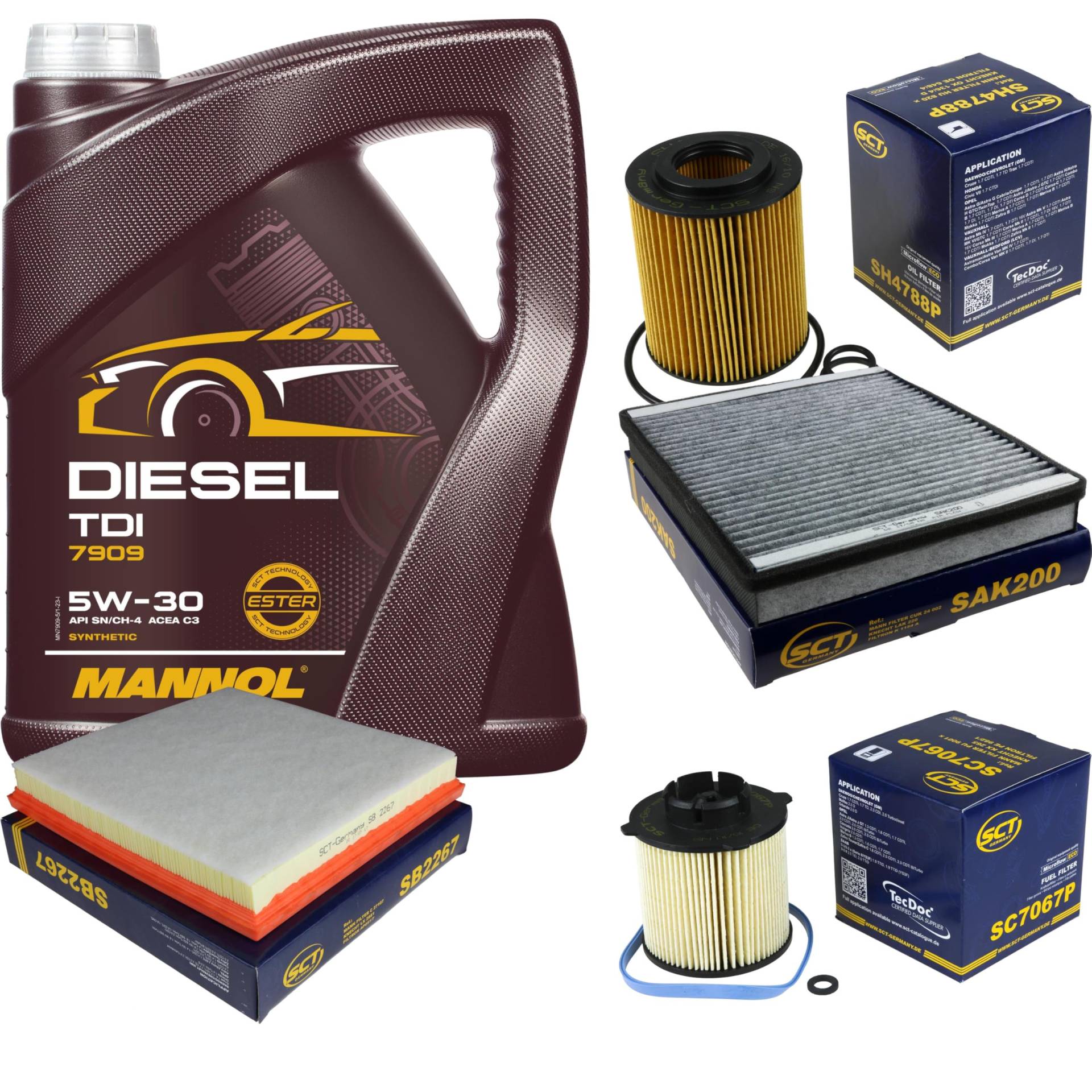 Filter Set Inspektionspaket 5 Liter MANNOL Motoröl Diesel TDI 5W-30 API SN/CF SCT Germany Innenraumfilter Luftfilter Ölfilter Kraftstofffilter von Diederichs