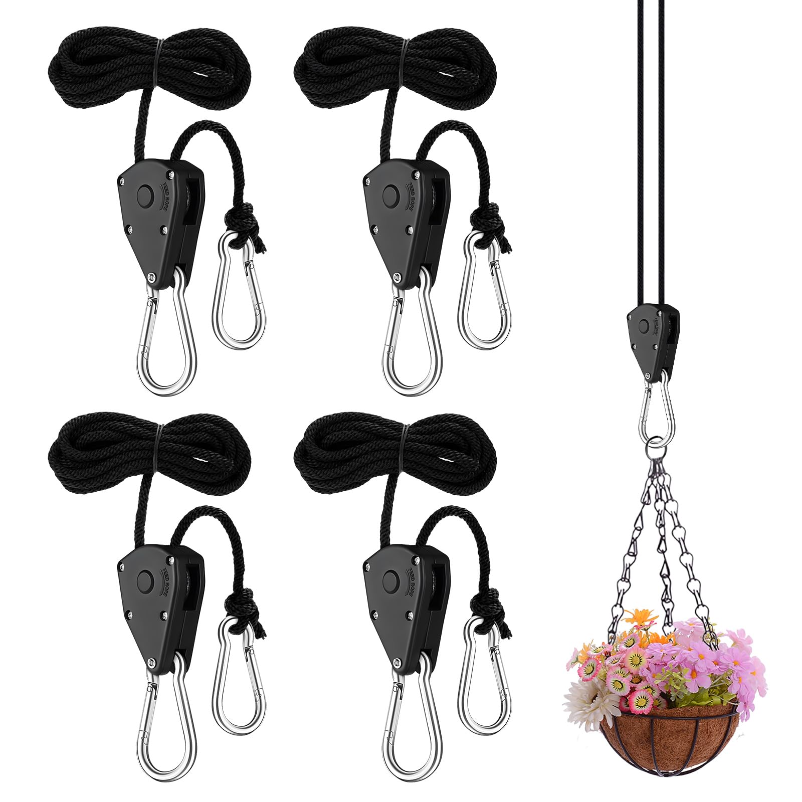 4 Stücke Verstellbare Seilratsche Mit Haken, 1/8 Zoll Ratchet Hangers, Ratschenseil 2 Meter, Für Pflanzenleuchten, Für Hängende LED-Wachstumsleuchten, Aquarienleuchten, Fächerzelte von QSJSM