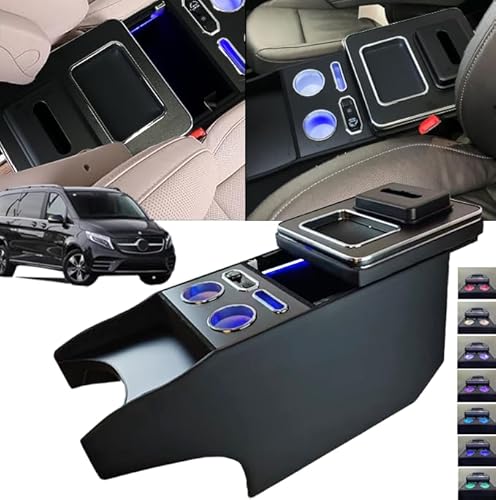 QSULNN Armlehne Aufbewahrungsbox Mittelkonsole mit 7 farbige LED-Leuchten und USB-Anschluss Kompatibel mit Mercedes-Benz V-Klasse V220 V260 V250 W447, Schwarzes Premium-Armlehnenzubehör aus Leder von QSULNN