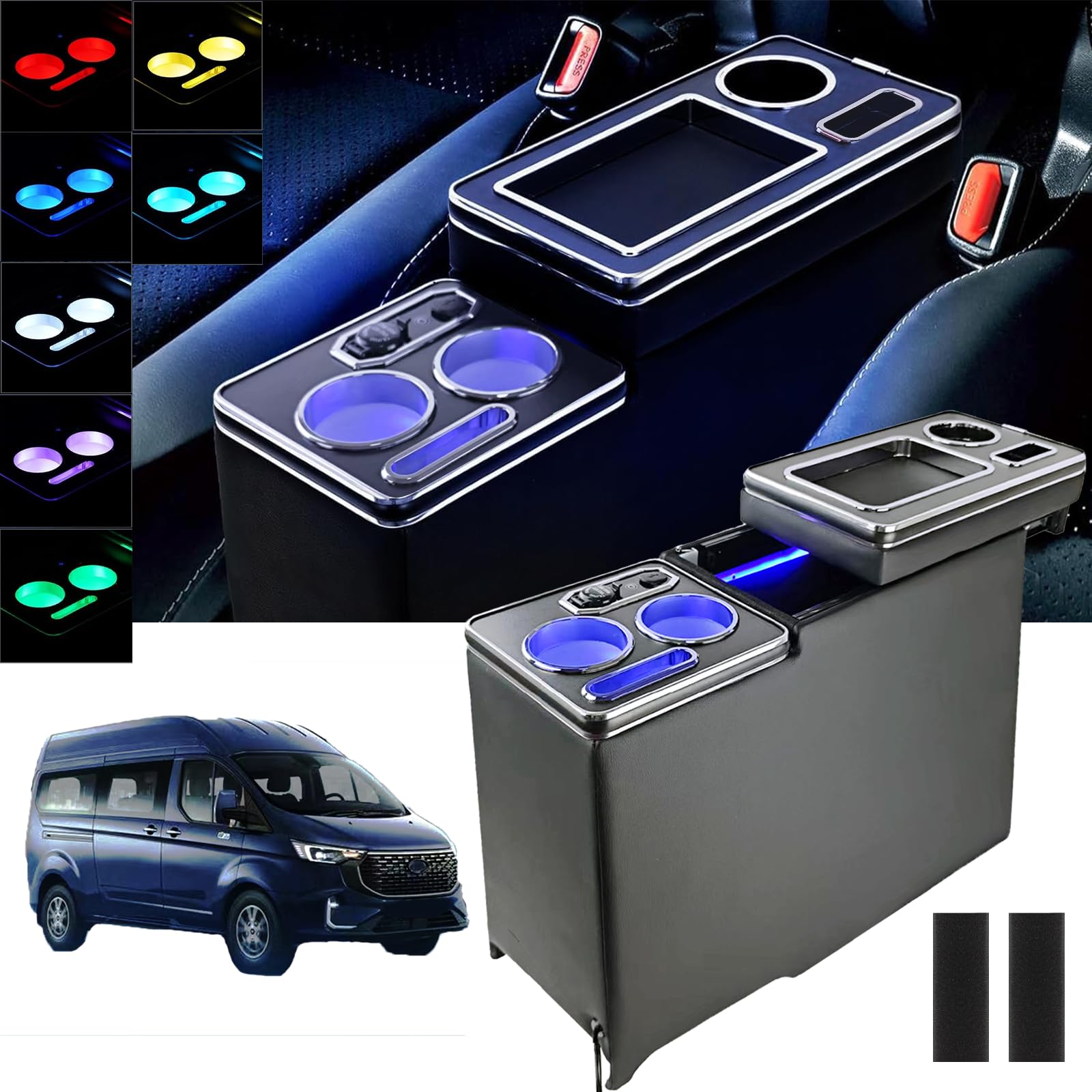 QSULNN Upgrade Mittelkonsole mit 7 Farben LED-Leuchten und USB Aufladestation Kompatibel mit Ford Transit（2-Sitzer-Version）VAN MPV, Schwarz Glanz Leder Zubehör mit Wasserbecherhalter und Telefonhalter von QSULNN