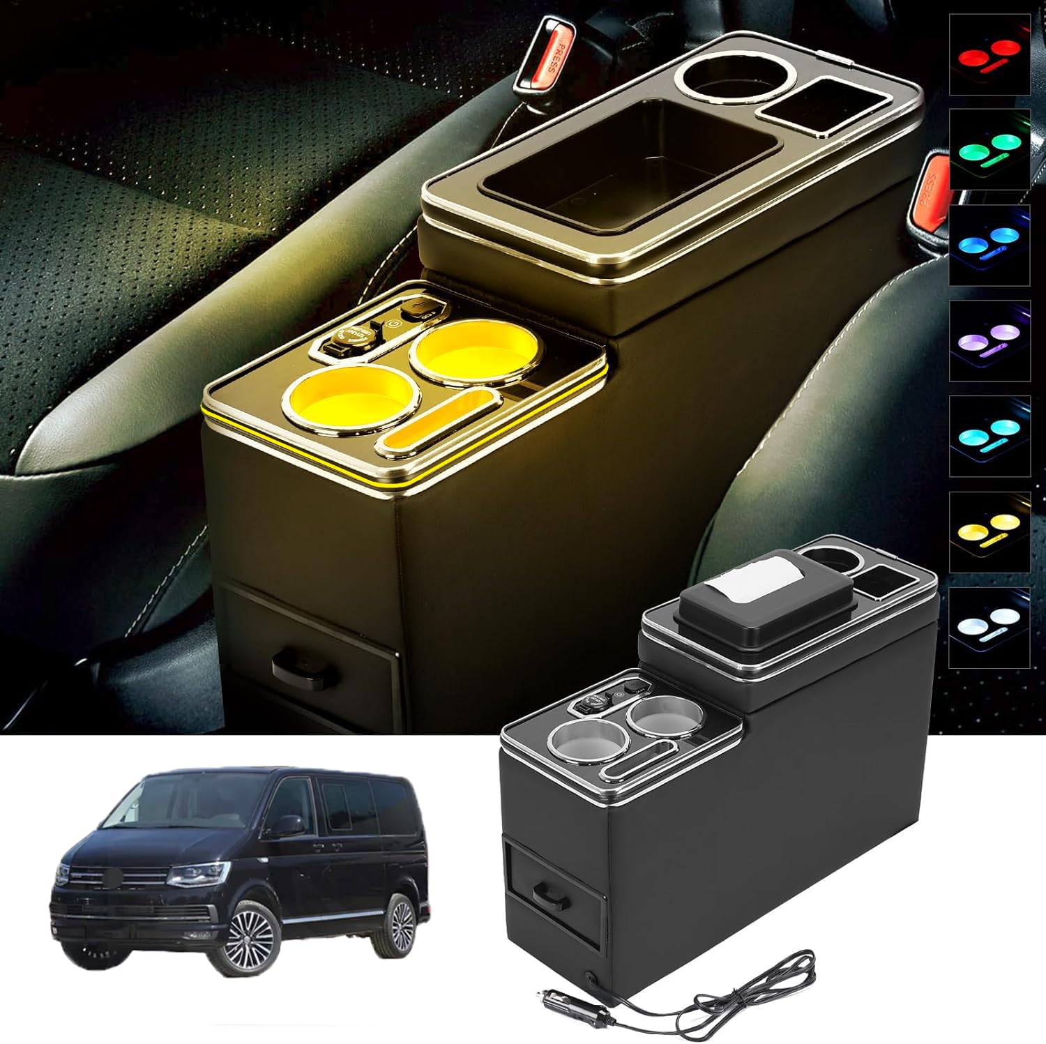 QSULNN Upgrade Mittelkonsole mit 7 Farben LED-Leuchten und USB Aufladestation Kompatibel mit VW T4 T5 T6 T7 T6.1 2003-2019, Acrylplatte Armlehne Aufbewahrungsbox Schwarz Glanz Leder Zubehör von QSULNN