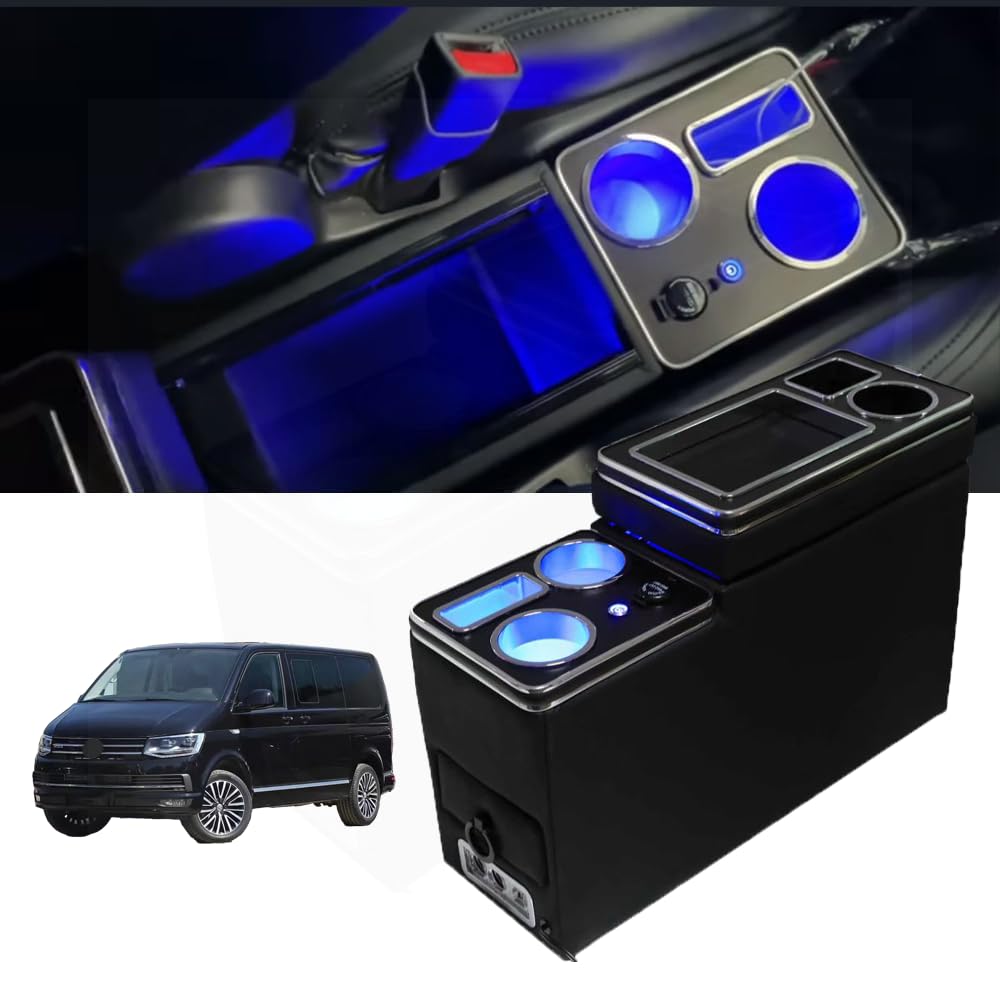 QSULNN Upgrade Mittelkonsole mit Ablagen Staufach kompatibel mit VW T4 T5 T6 T6.1 T7 2003-2019, Schwarz Glanz Leder Zubehör mit USB- und LED-Leuchten von QSULNN