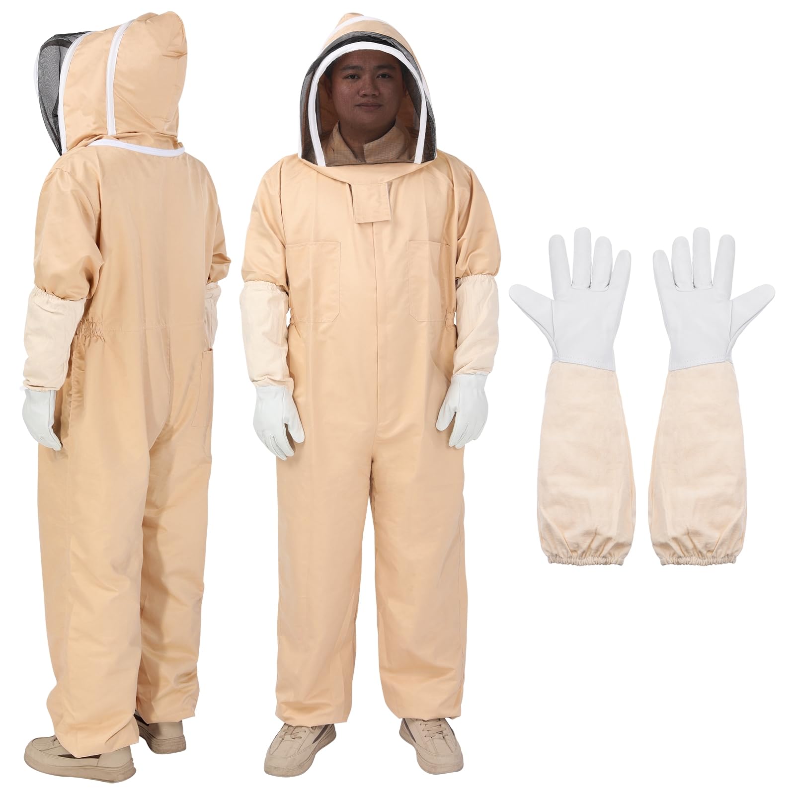 QUARKZMAN 2Sets Bienenanzug für Männer und Frauen XL Imkerei Anzüge Outfit mit Handschuh und Schleier Kapuze Bienenanzüge für Männer Beweis Hinterhof Professionelle, Apricot von QUARKZMAN