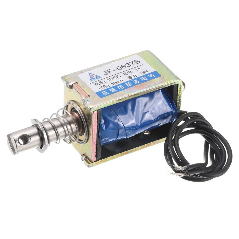 QUARKZMAN DC 12V 1A Solenoid Elektromagnet Schubzugtyp 15N 10mm Hub Elektromagnetischer Aktuator Offener Rahmen Linearbewegung JF-0837B Magnet Elektromagnet, Schwarzes Kabel von QUARKZMAN