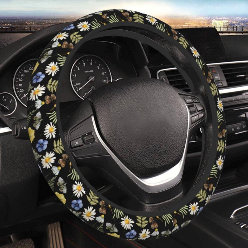 Chic Lenkradbezug mit Wildblumen-Motiv, für Herren und Damen, universelles Autozubehör, 38,1 cm, Neopren, Auto-Innendekoration von QWEFVB