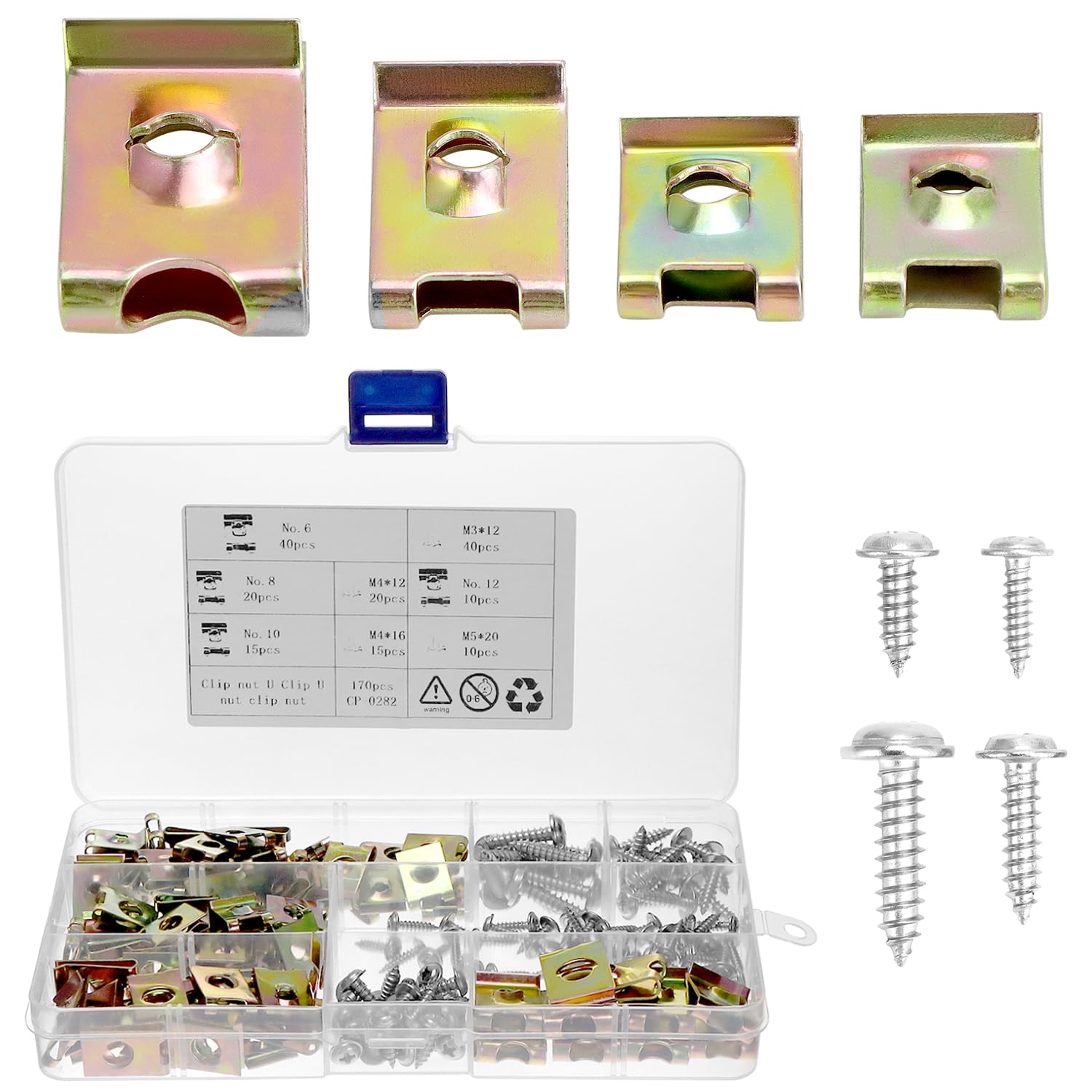 QWORK® 170 Stück Schraube Mutter Clip Kit, Schnappmutter Set, Karosserieklemmen für Auto & Motorräder(No.6/8/10/12) von QWORK