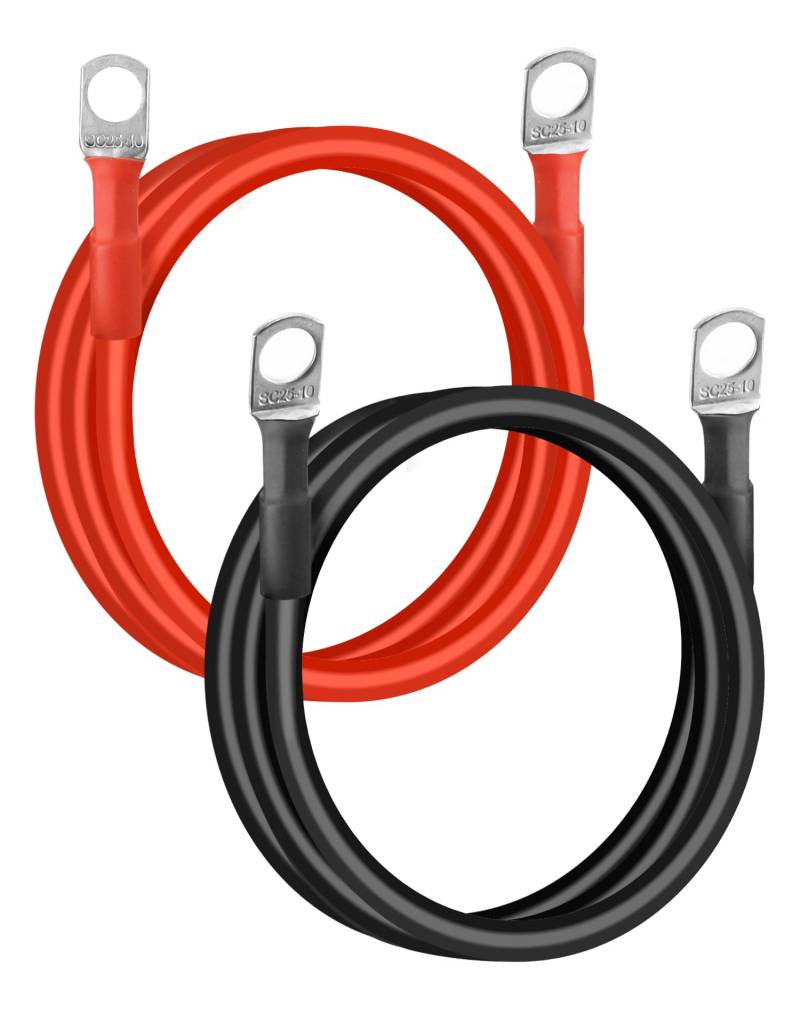 QWORK® 2 Stück Batteriekabel 25mm² 3AWG - 100 cm 12V Rot & Schwarz Starthilfekabel mit M10 Ringklemmen für Auto Motorrad LKW Wohnmobil Marine Solar von QWORK