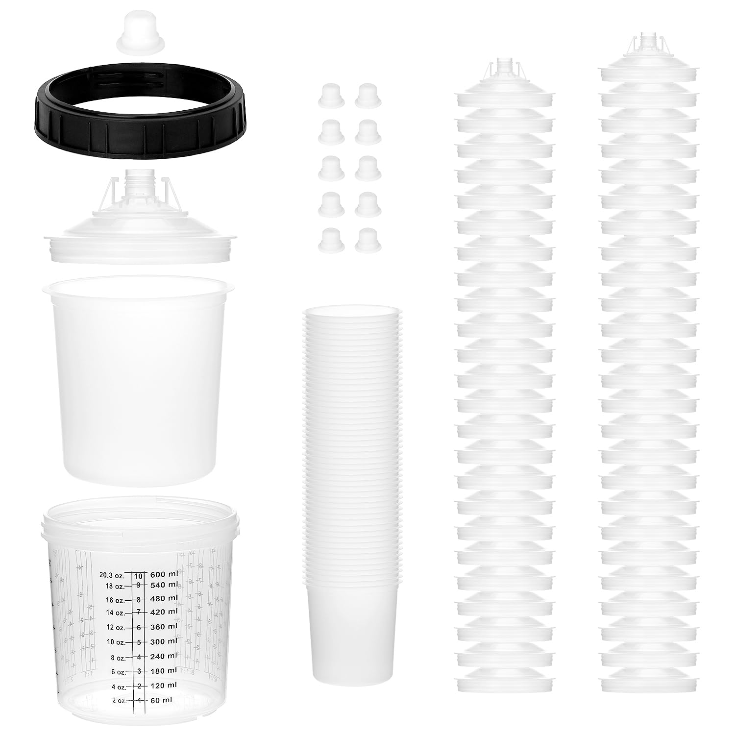 QWORK® 600ML HVLP Lackierpistole Becher Set Inklusive 50 Einwegbecher + 50 Deckel + 10 Verschlussstopfen für Farbsprühsysteme von QWORK