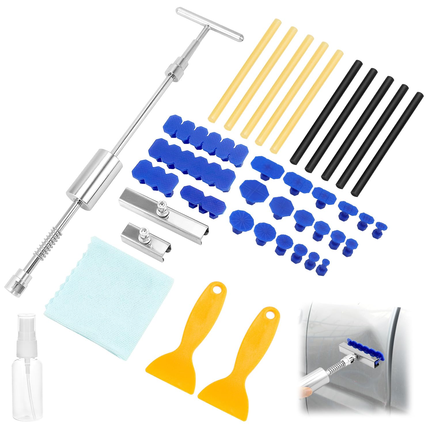 QWORK® Auto Dellen Reparaturset - T Bar Puller mit 22 Laschen und 10 Klebesticks - Lacklose Dent Removal Kit Effizient für Hagelschaden und mehr von QWORK