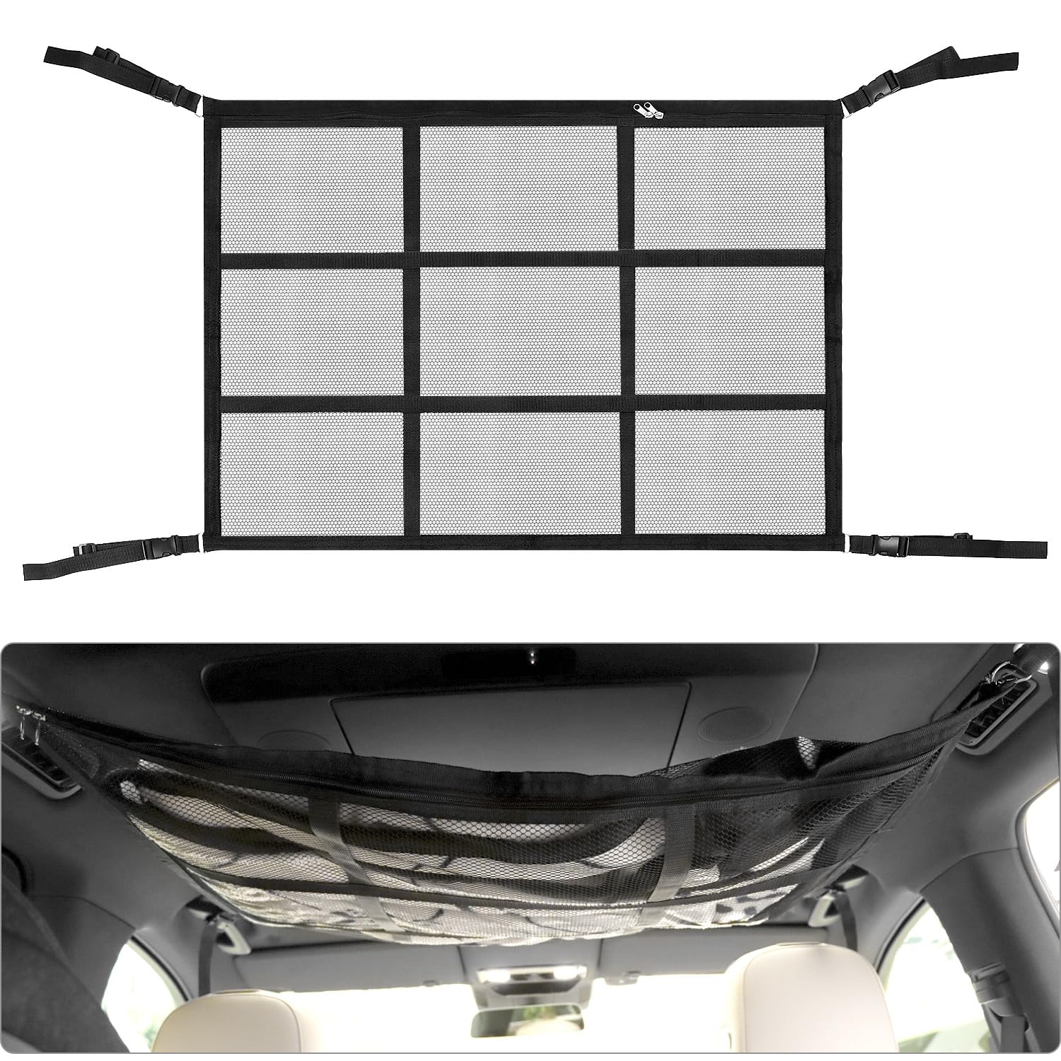 QWORK® Gepäcknetz Auto für Aufbewahrung, 90 x 65 cm großer, doppellagiger Autodach Organizer aus Netzgewebe, Polyester, für SUVs, Jeeps und Wohnmobile von QWORK