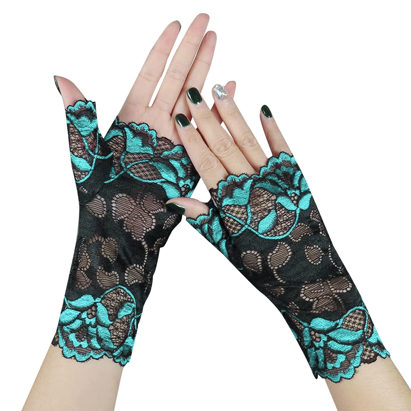 QWUVEDS Sexy Half Finger Lace Atmungsaktive kurze Handschuhe Open Finger Driving Sonnenschutzhandschuhe Handschuhe Mit Noppen Netz Handschuhe Damen Ballhandschuhe (Green, One Size) von QWUVEDS