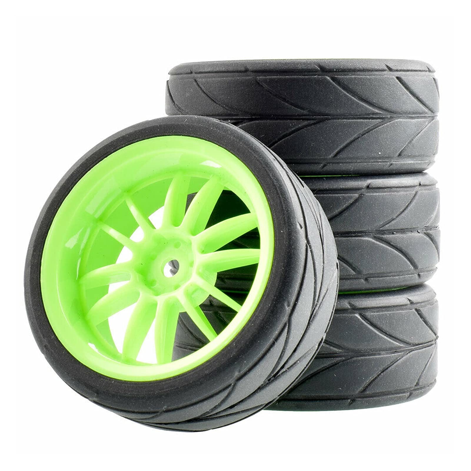 QXWRLD 4-teiliges Grip-Reifen-Einsatzschwammrad, for HSP Racing, 1/10 1.10 On-Road-Auto RC-Autoräder(Green Wheel) von QXWRLD