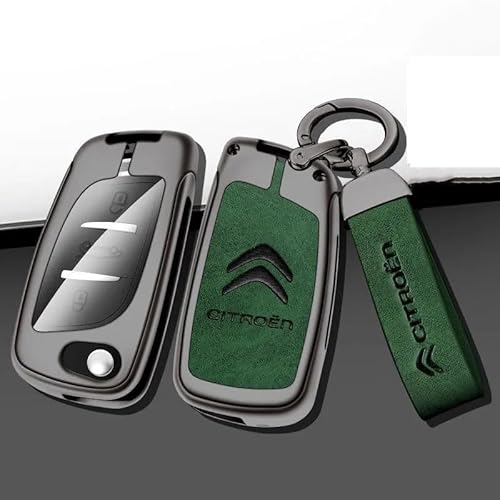 Autoschlüssel Hülle für Citroen C4 Cactus 2014-2017, Schlüsselhülle Schlüsselgehäuse Leder Schutzhülle mit Schlüsselanhänger Schlüsselcover Schlüsselbox Auto Zubehör,C-Green 1 von QYPLKJHG