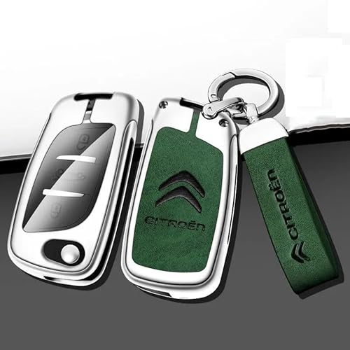 Autoschlüssel Hülle für Citroen C4 Picasso 2013-2016, Schlüsselhülle Schlüsselgehäuse Leder Schutzhülle mit Schlüsselanhänger Schlüsselcover Schlüsselbox Auto Zubehör,C-Green 2 von QYPLKJHG