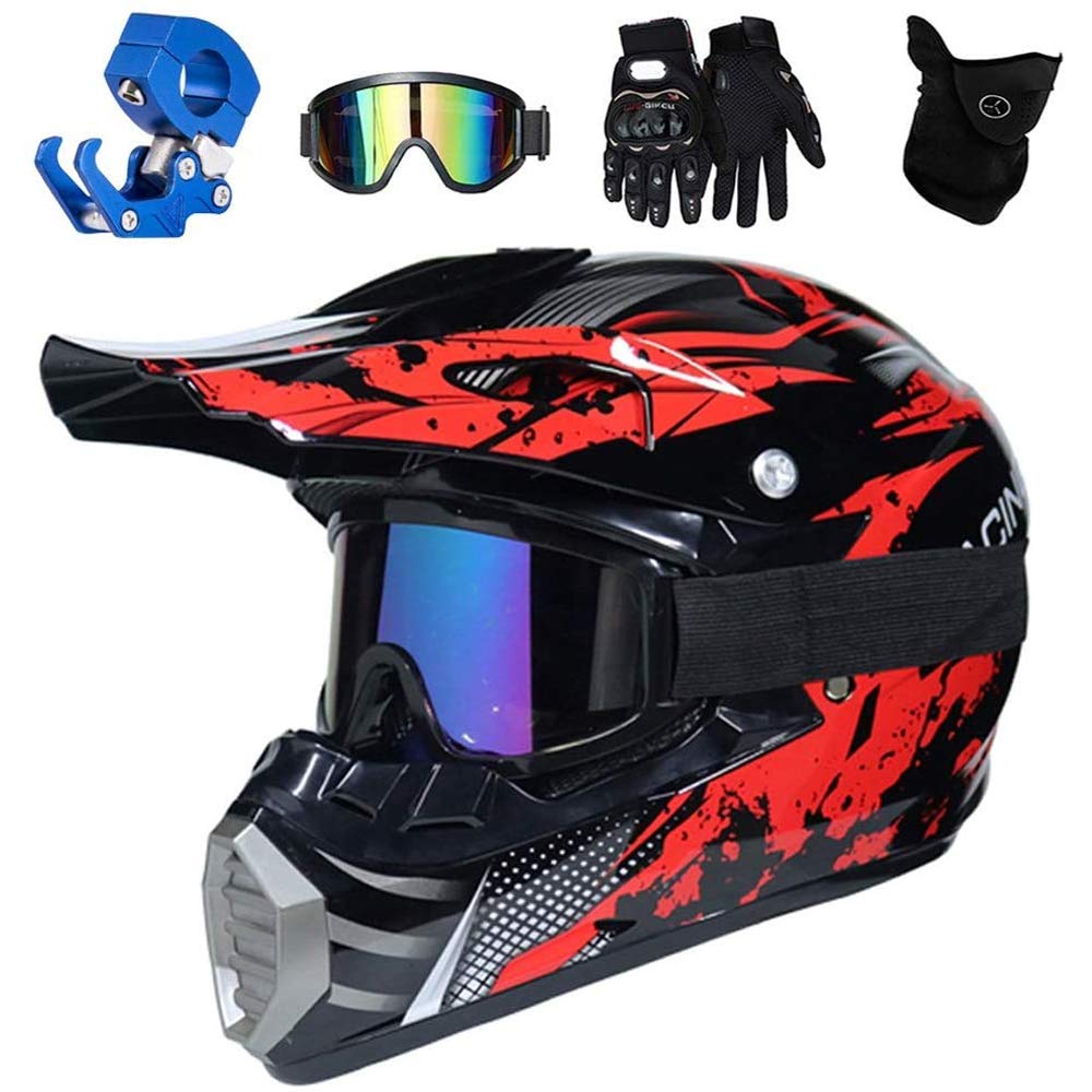 QYTK® Downhill Helm Kinder, Motocross Helm Schwarz Rot Full Face MTB Enduro Helm für Sport Quad Cross Motorrad Bike ATV Crosshelme Zubehör mit Brille Maske Handschuhe Helmhaken,XL(58~59CM) von QYTK