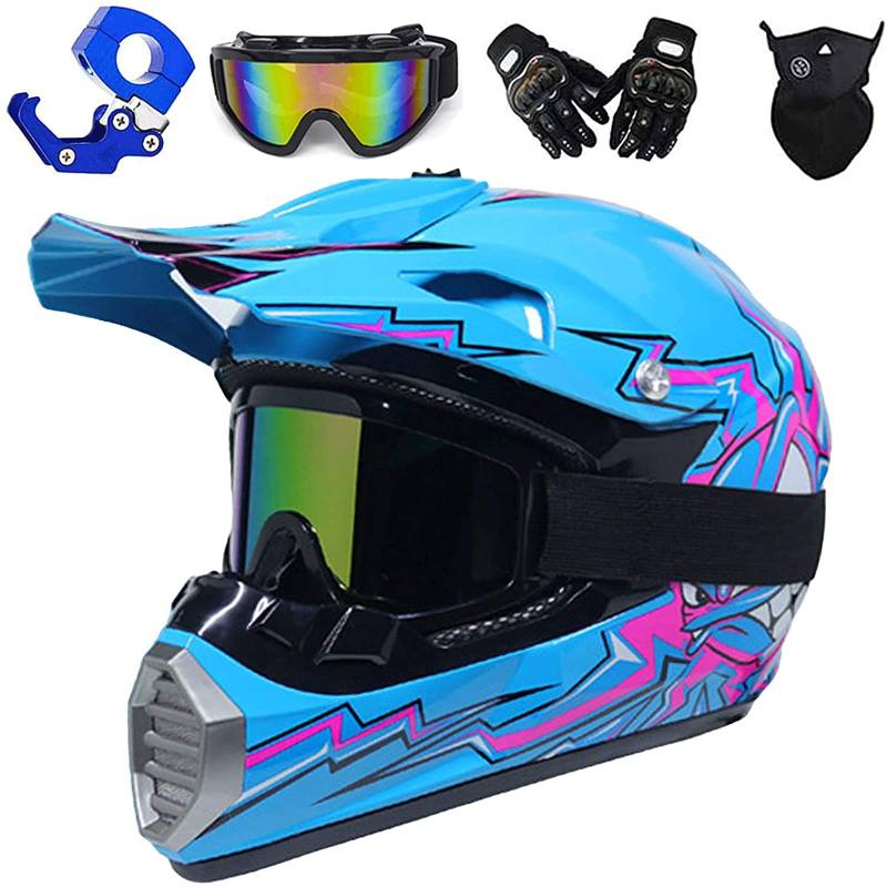 QYTK® Full Face MTB Helm, Motocross Cross Helm für Enduro Downhill MX Mountainbike ATV Junge Motorradhelm Zubehör mit Brille Maske Handschuhe Helmhaken,Helle Weiße Blau,S(52~53CM) von QYTK