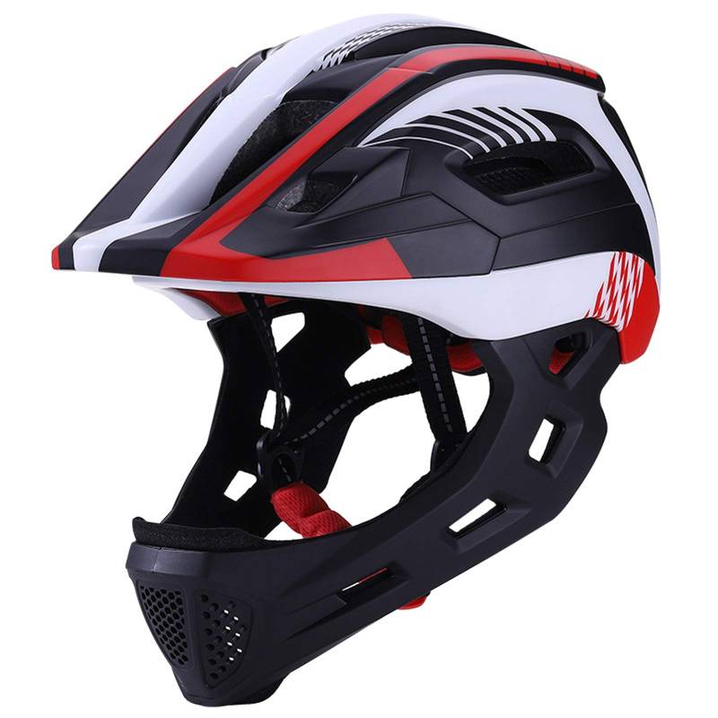 QYTK Fahrradhelm Kinder mit Abnehmbarem Kinnschutz Jungen/Mädchen Fahrrad Integralhelm Downhill Helm Skateboard Rollerblading Inlineskaten Kinderfahrradhelm Licht Helm (52-56CM) (Weiß Rot Schwarz) von QYTK