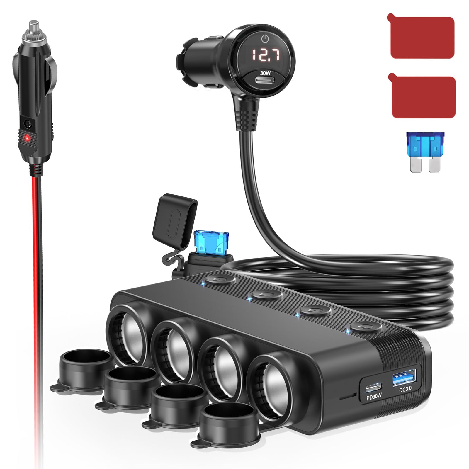 4-Steckdose Auto 12 Volt Verteiler 300W: Doppel PD30W KFZ Zigarettenanzünder Adapter DC 12v USB C Ladegerät Mehrfach Stecker Splitter mit Schalter LED Volteter für iPhone Sitzheizung GPS Kamera Navi von Qidoe