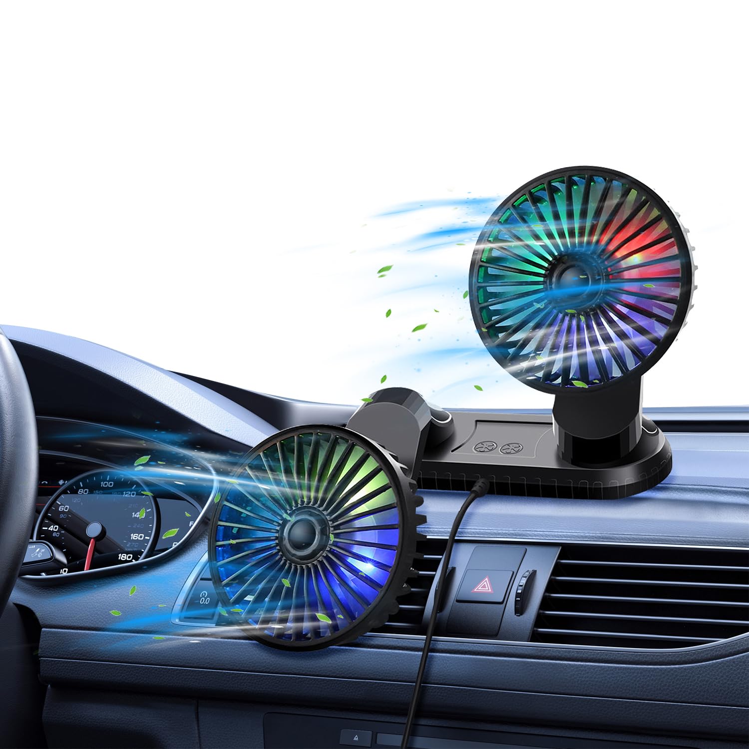 Qidoe USB Auto Ventilator: 360° KFZ Kühlventilator Doppelkopf Lüfter Leistungsstarker Armaturenbrett 12V AKKU Fan für Auto/Zuhause/Büro mit farbigem LED-Licht für 12 volt LKW Wohnmobil Boot Wohnwagen von Qidoe